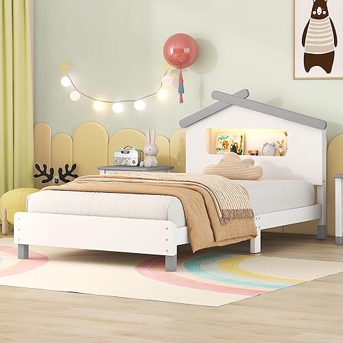 Miniatura 164 de Cama de plataforma de madera de tamaño individual con cabecera en forma de casa, soporte de listones de madera, para dormitorio de niños, niñas,