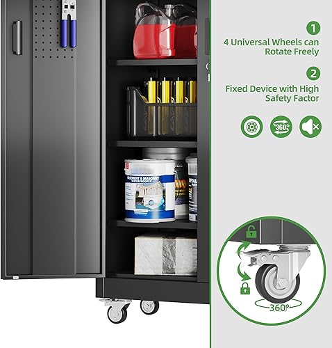 Miniatura 29 de Armario de almacenamiento de garaje con ruedas, gabinete de herramientas de metal de 35.43 pulgadas de alto con tablero de clavijas y 4 ganchos