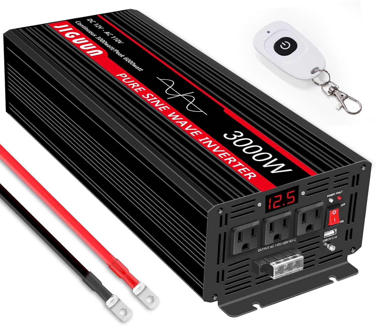 JIGUUN 6000W Peak 3000 Watt Pure Sine Wave Power Inverter,12v DC to 110/120v AC Power Converter 3 AC & USB Output,Power Converter LCD Display for Home RV Camping Outdoor Car Truck