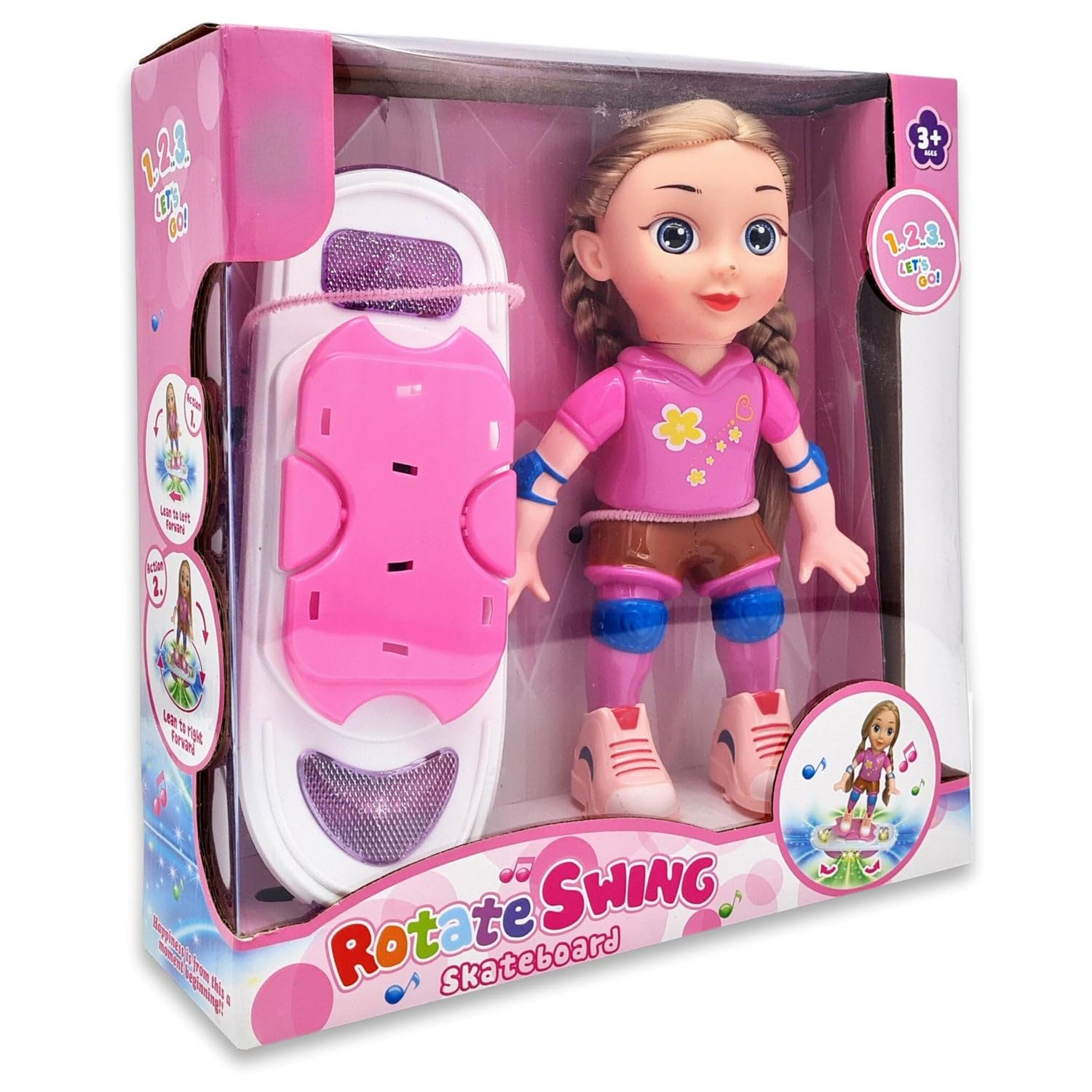 Fitto Magical Cute Pink Doll with Skating Board, Dancing Toy with Light and Music