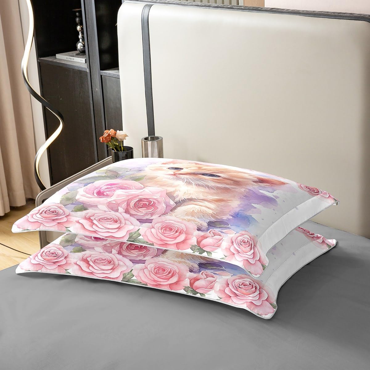 Manfei Twin Size Duvet Cover Kawaii Cat 100% Pure Cotton Bedding Set Kids Cute Animal Kitten Pet Bedding Set Floral Pink Rose Blossoms Comforter Cover for Room Decor 2 PCS(Not Comforter)