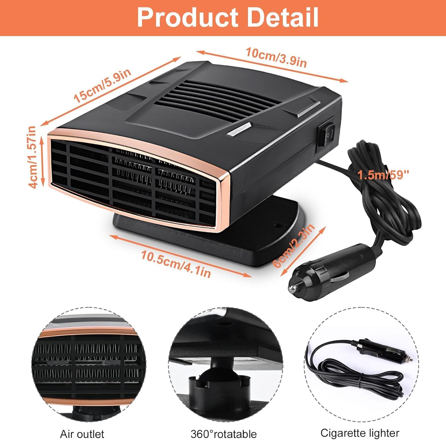 Autoheizung, 12V 200W Tragbarer Auto Heizlüfter, 2-in-1-Heiz/Kühlfunktion Schnelles Aufheizen, Auto-Entfroster Defroster mit 360°Drehung, Zigarettenanzünder-Stecker für Alle Autos