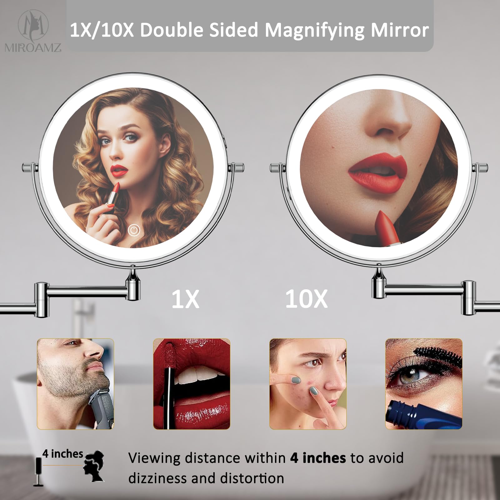 Espejo de cambiador de maquillaje recargable iluminado montado en la pared, 8 pulgadas, doble cara, 1 x 10 aumentos, iluminación de 3 colores, atenuación de visualización táctil, espejo de