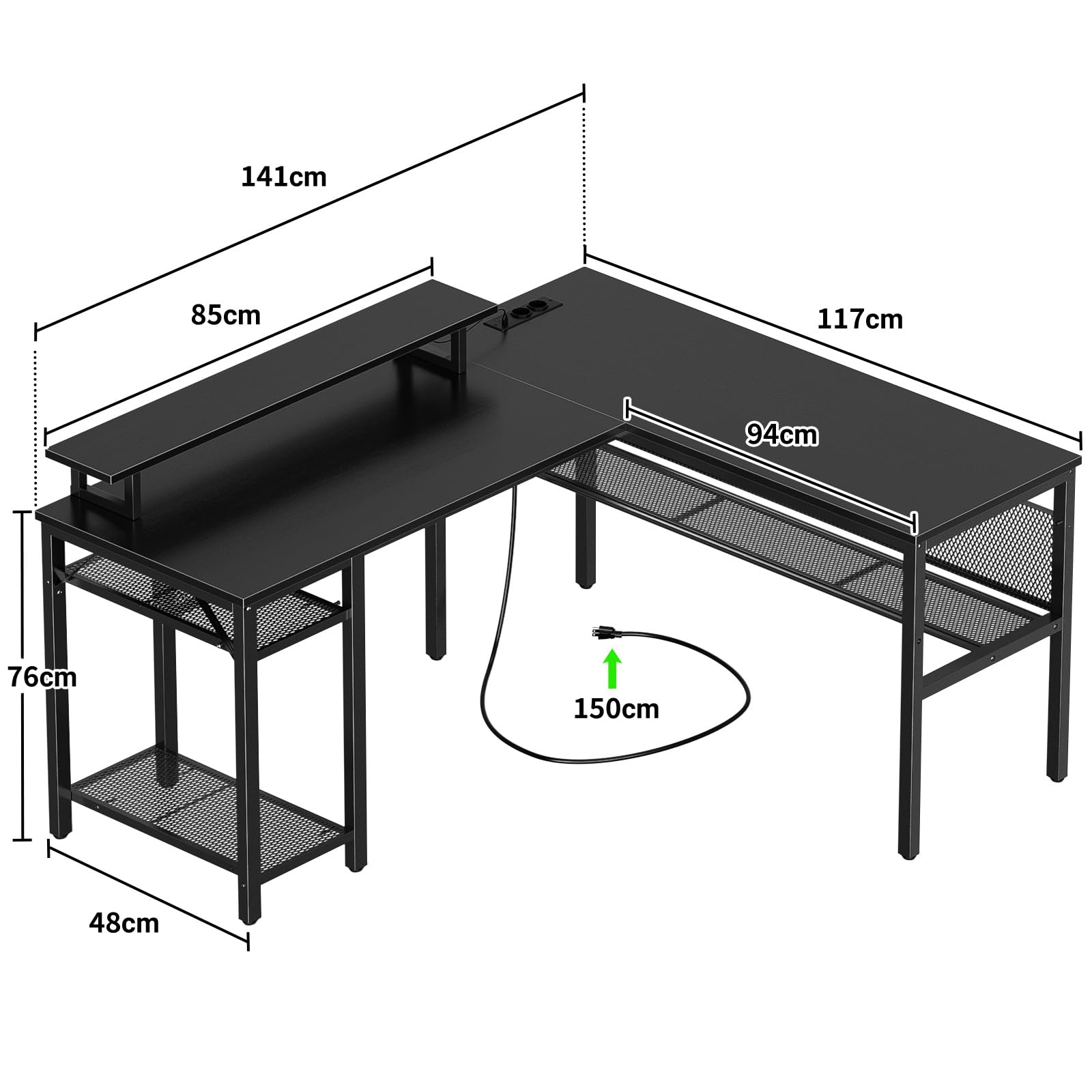 Homieasy Scrivania Angolare Gaming 141x118cm Reversibile LED e Prese | Supporto per Monitor, Ripiani a Griglia in Metallo, Trasformabile in 210 cm