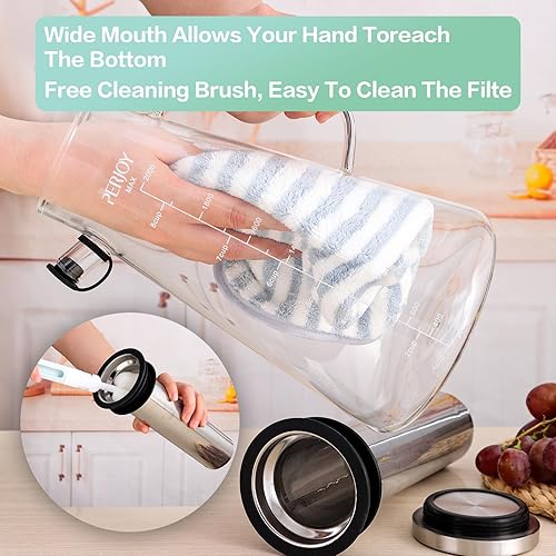 Miniatura 5 de Perjoy Cafetera fría de vidrio grueso de 64 oz2 cuartos de galón con filtro y tapa de acero inoxidable extraíble súper denso, jarra hermética para