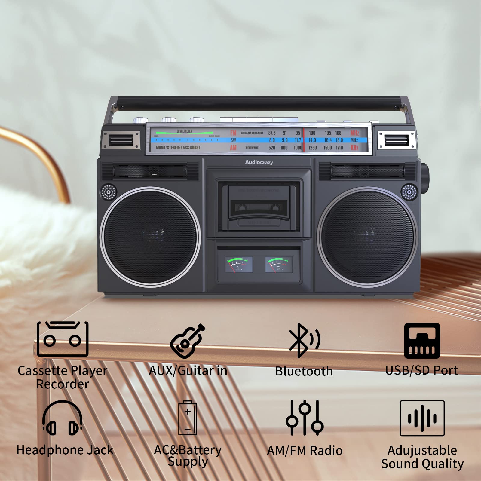 Audiocrazy Retro Boombox Cassette Player AM/FM Shortwave Radio