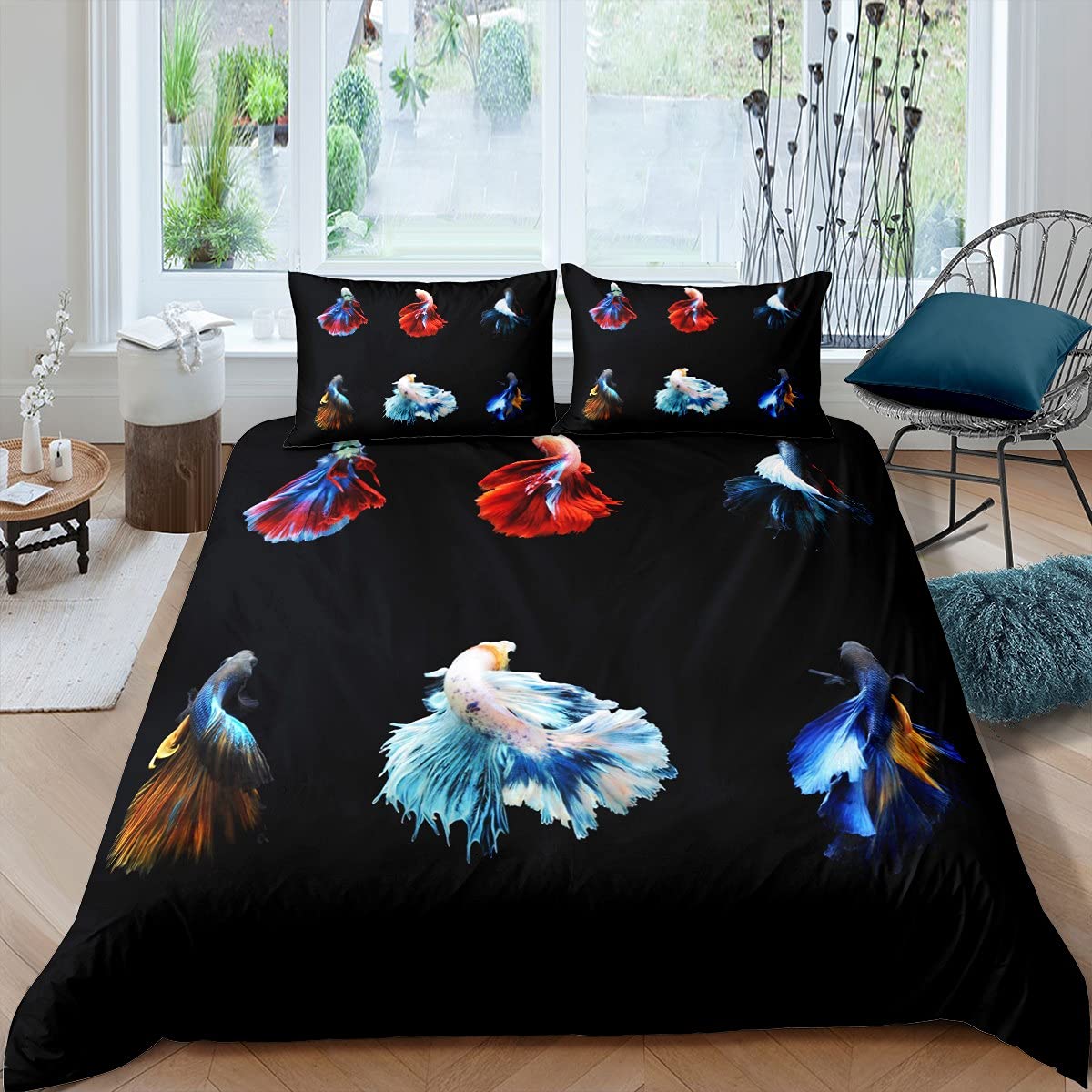 Housse de couette en lin hypoallergénique Betta motif poisson siamois lit double