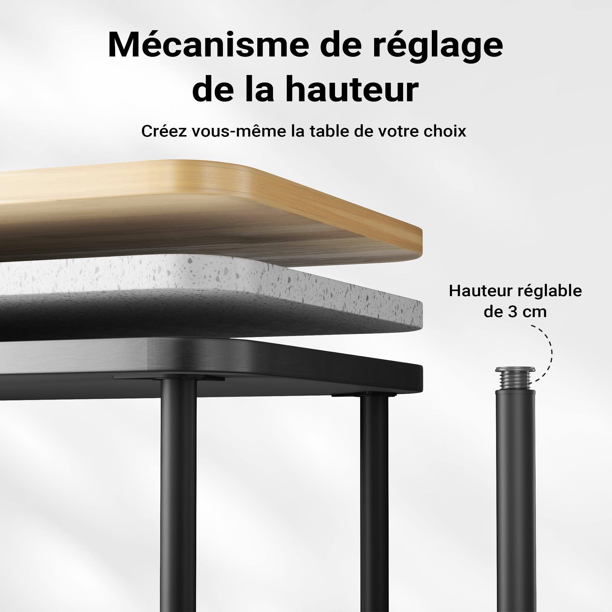 WilTec Lot de 4X Pied de Table V1-60 x 60 x 870 mm/Ø 60 mm - en Acier Inoxydable - Couleur Noire - Piètement Support de Bureau Réglable pour Plan de Travail Salle à Manger