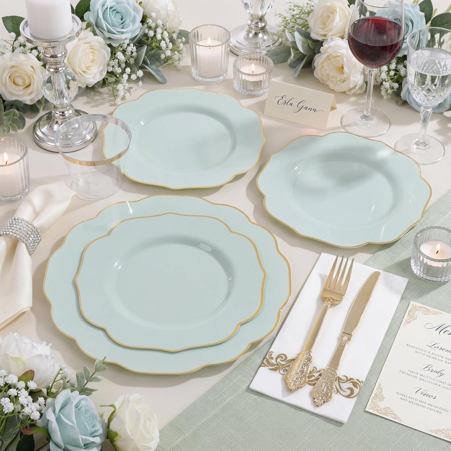 NOCCUR 175PCS Sage Green Plastic Plates with Gold Disposable Silverware - Include 50 Green and Gold Plastic Plates,25 Knives,25 Forks,25 Spoons,25 Cups and 25 Napkins - Ideal for Wedding/Spring Party - Image 8