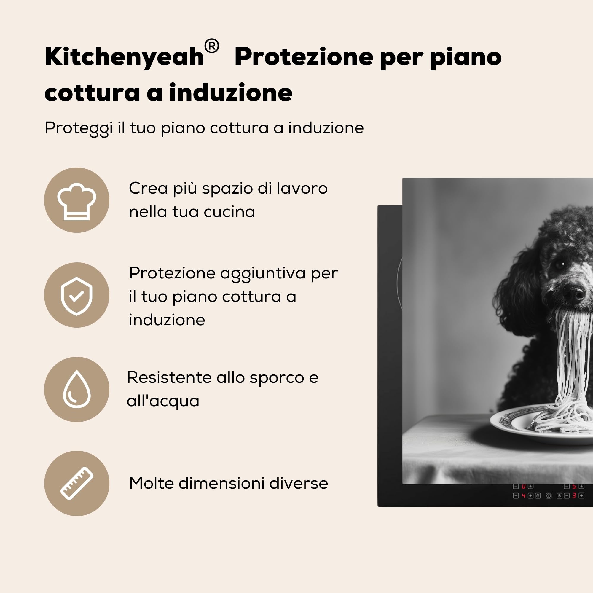 KitchenYeah© Copri Piano Induzione 60x52 cm Cucina Coprifornelli Copertura Protezione Cottura Tutto per la Cucina Barboncino - Cane - Nero - Bianco - Carino - Pasta