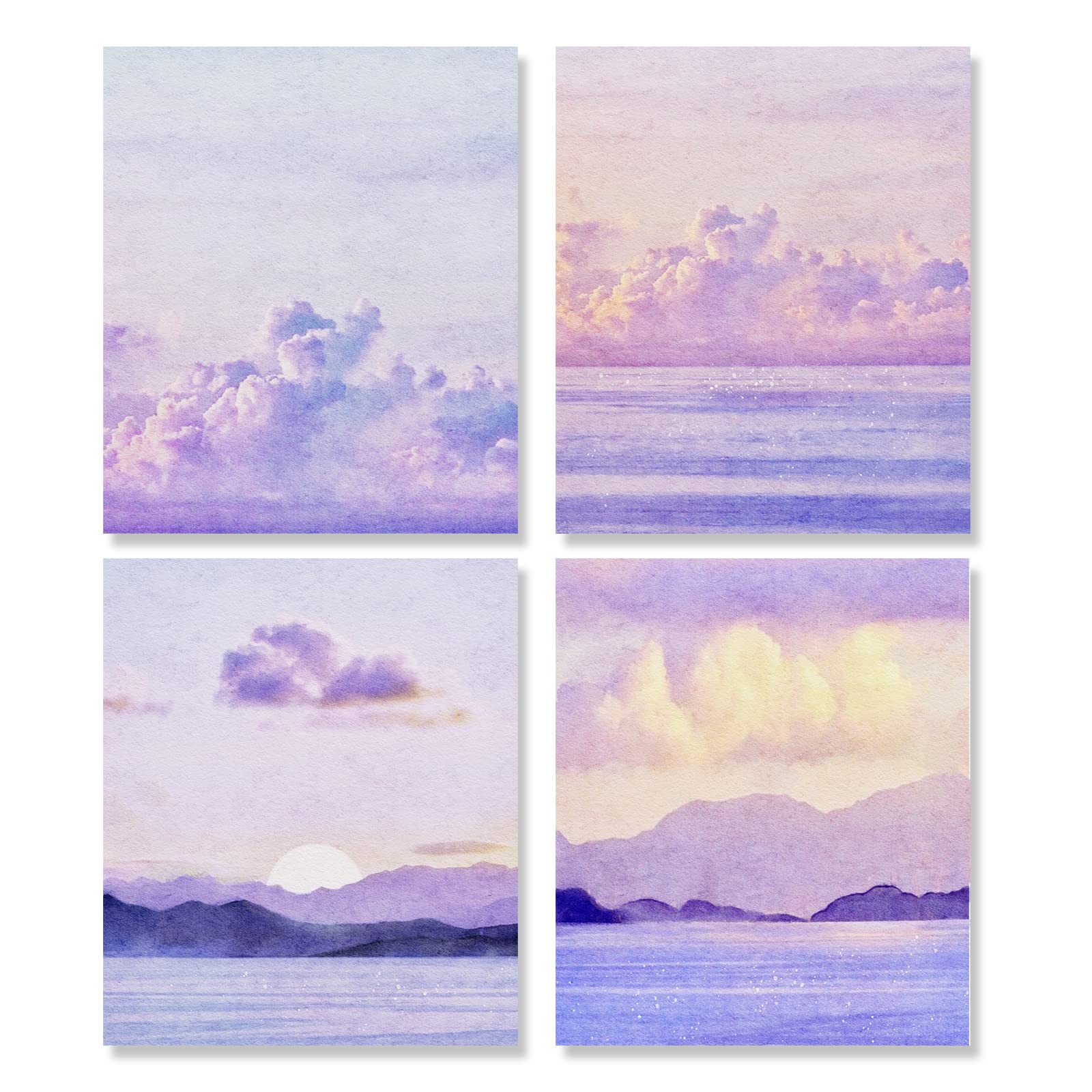 HUAJI Wall Painting Prints 8x10 Frameless Prints Sunrise Sunset Ocean Romantic Purple Watercolor Art Poster Children's Room Study Room Living Room Interior Home Decoration 4-piece Set