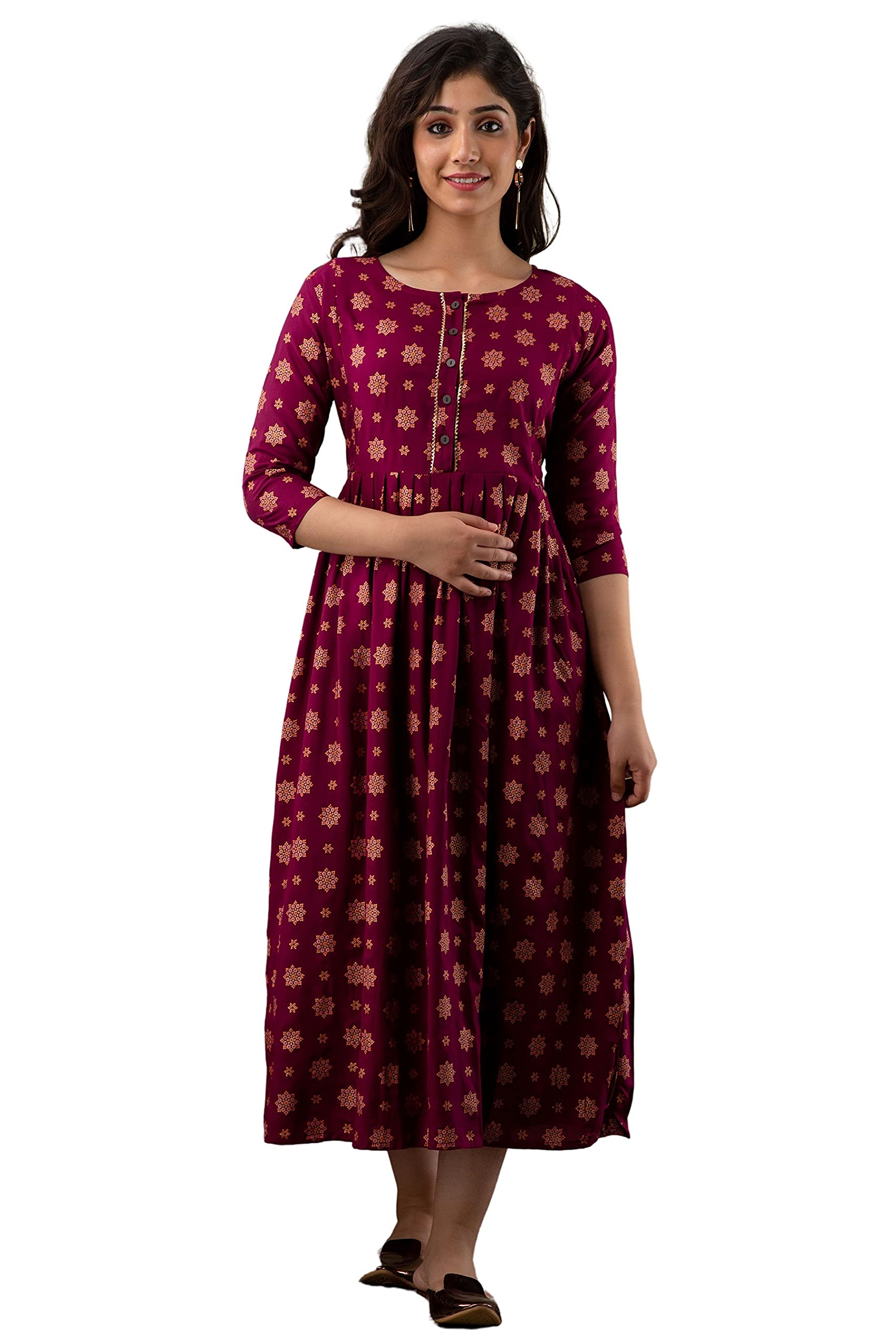 VARICOSWomen's Rayon Printed Maternity Dress Pregnancy Casual 3/4 Sleeve Dual Zipped for Feeding Nursing Maternity Comfort Dress Kurta