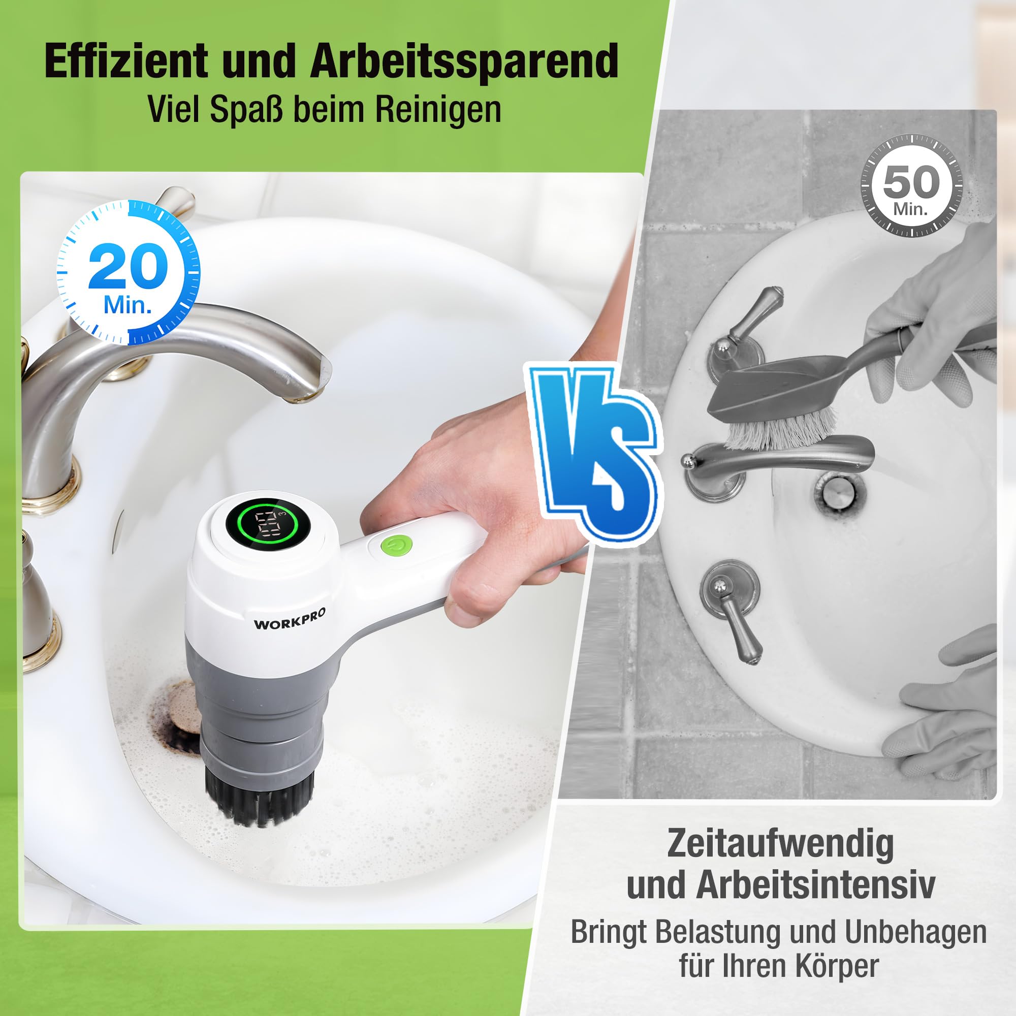 WORKPRO Elektrische Reinigungsbürste 8V, Akku Reinigungsbürste | Kabellos Spin Scrubber, 6 Bürstenköpfen & 3 Geschwindigkeiten, Leistungsanzeige, USB-Ladung, für Bad, Küche, Fenster