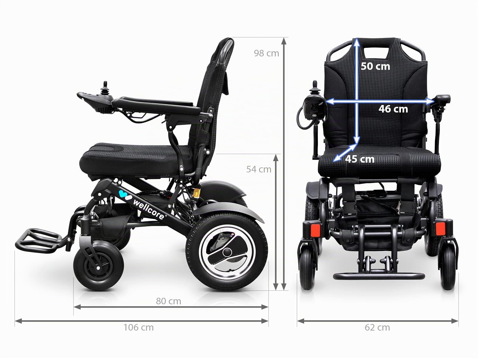 Silla de ruedas eléctrica WELLCORE, Plegable, Autonomía 15 km, Chasis aluminio, Mando con conexión USB, Frenado electromagnético, Hasta 135 kg
