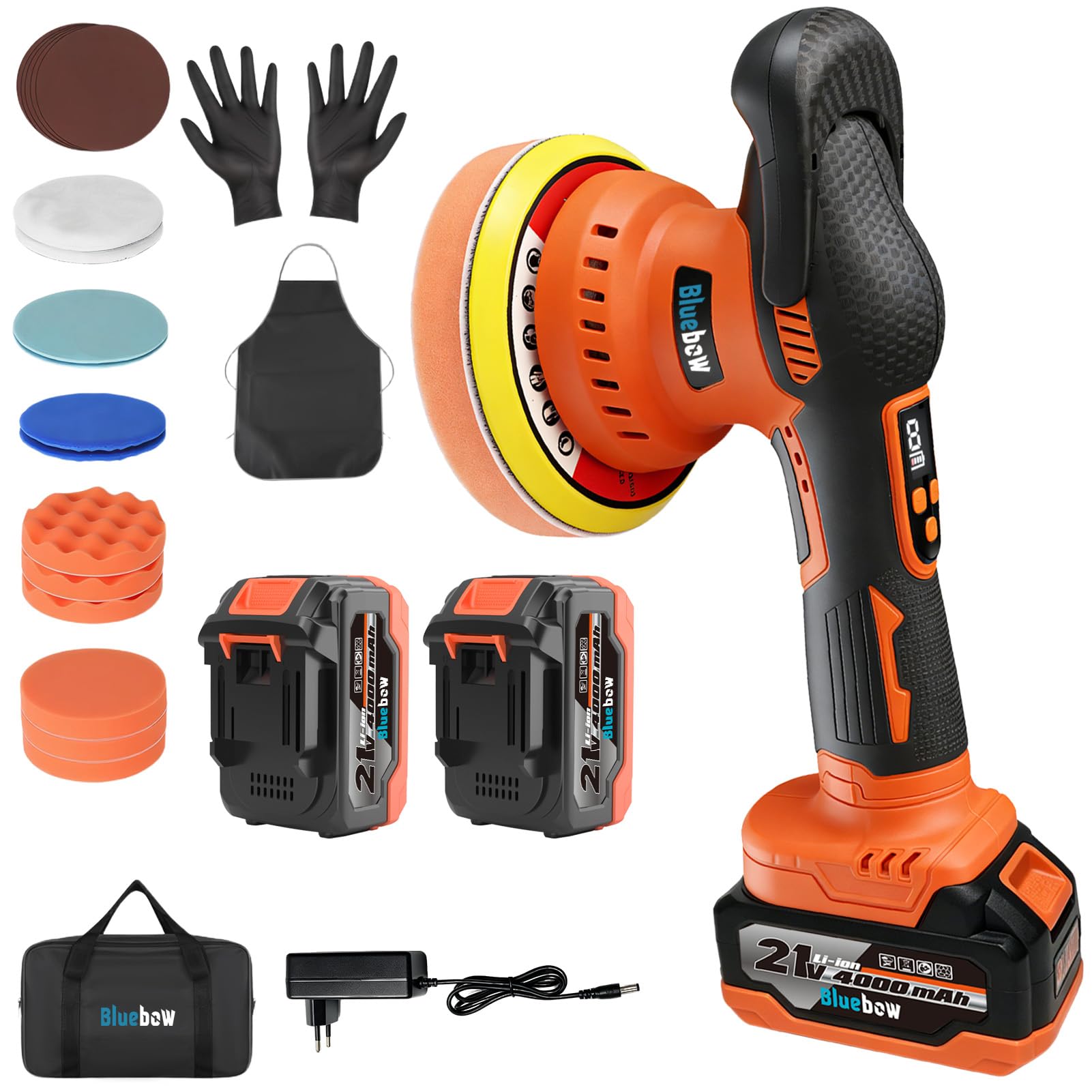 Akku Poliermaschine Auto, 6 Zoll Polierer Set 2x 4000mAh 21V-Akkus, 8 variablen Geschwindigkeitsstufen, LED-Display und 18-teiligem Polier-Zubehörset für Wachsen, Polieren und Kratzerentfernung