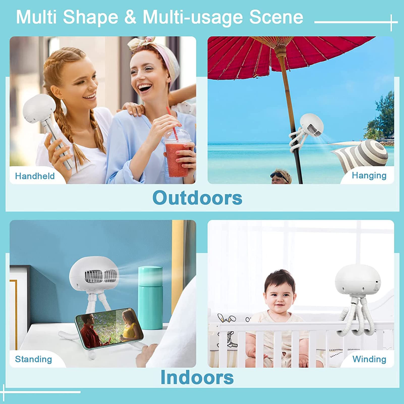 Ventilatore per Passeggino Ricaricabile con Treppiede Flessibile, 3 velocità Ventilatore USB Silenzioso, per Letto, Ufficio, Seggiolino Auto, Campeggio, Palestra,Rosa (White Bianca