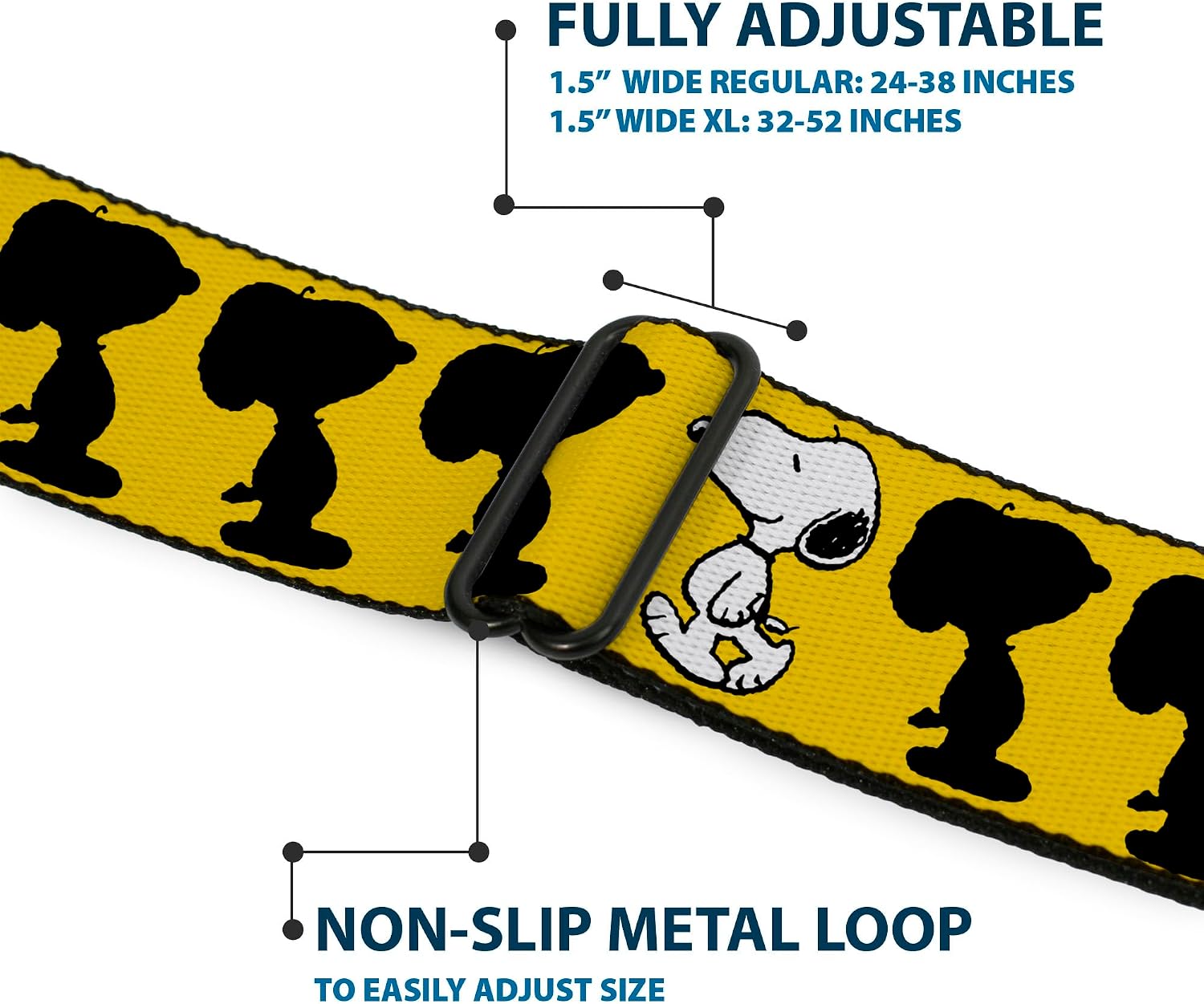 Peanuts Belt, Seatbelt Buckle Belt, Peanuts Snoopy Walking Silhouette Pose Yellow Black White, Adjustable