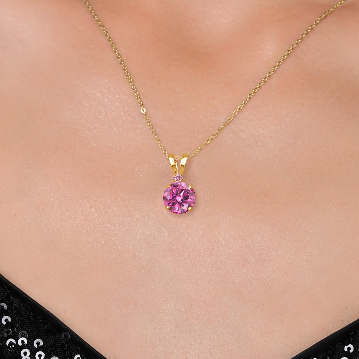Gem Stone King 14K Yellow Gold Pink Moissanite and Pink Lab Grown Diamond Pendant Necklace for Women | 0.82 Cttw | Gemstone Birthstone | Round 6MM | With 18 Inch Silver Chain