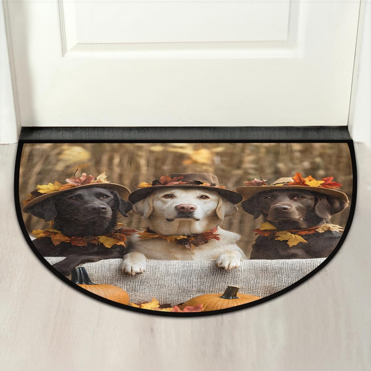 Dog Pumpkin Fall Half Round Door Mat Non Slip Washable Semi Circle Area Rug Absorbent Soft Half Moon Rug Floor Mat for Indoor Outdoor Kitchen Bathroom Patio Front Door Mat Decor
