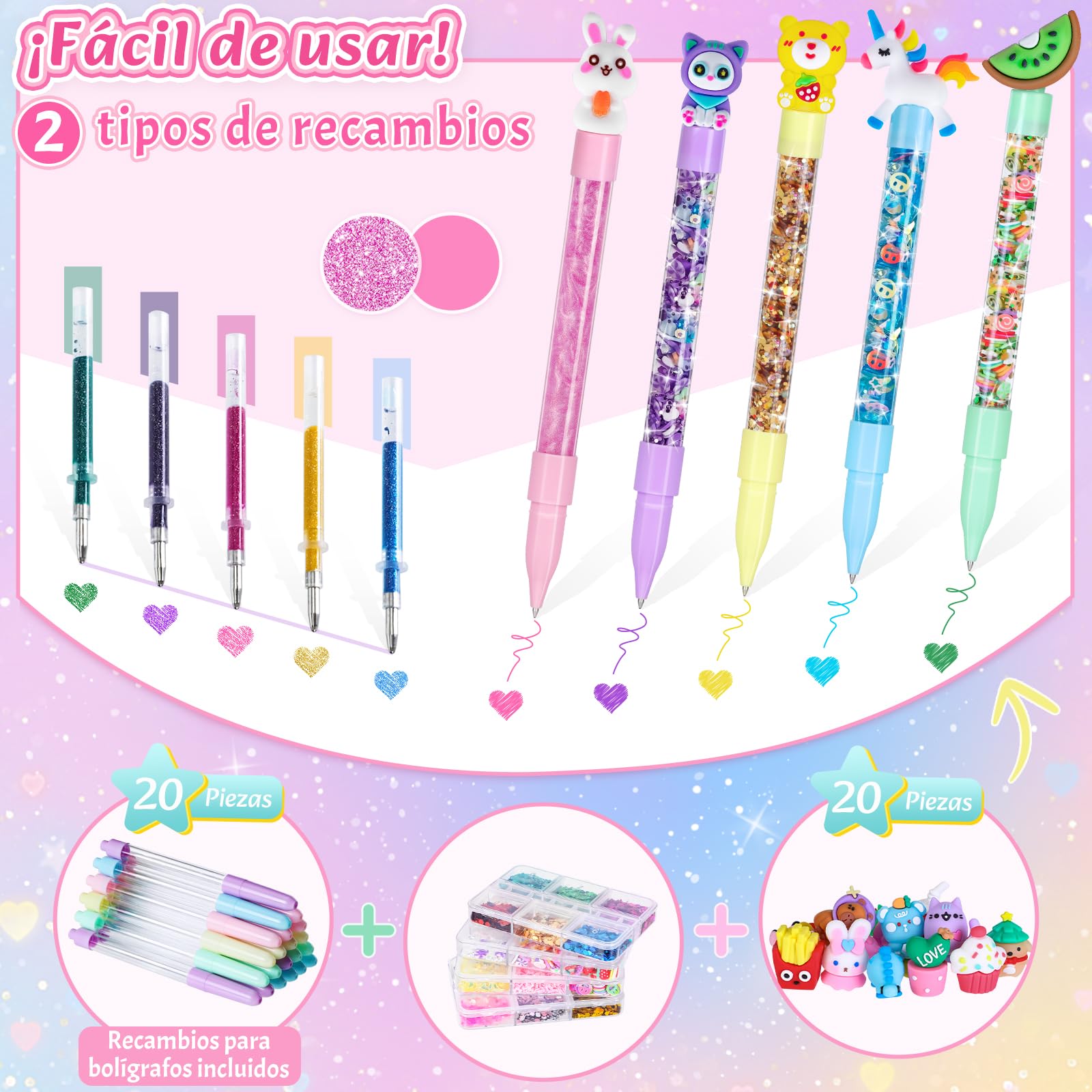 Kazzley Laboratorio de Boligrafos con 73+ PCS, Kit de Creación de Bolígrafos, Cree 20 Glitzerstiften Personalizados, Manualidades Niña 5 6 7 8 9 10 años, Regalo Juguetes Creativas para Niños y Niñas