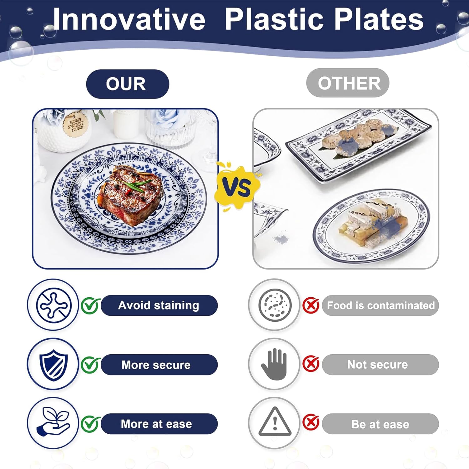 Hioasis 60pcs Blue Plastic Plates Set - Floral Blue & White Porcelain Design, 10.25" Dinner & 7.5" Dessert Plates Disposable for Wedding (Dishwasher Safe, Traditional Style) - Image 7