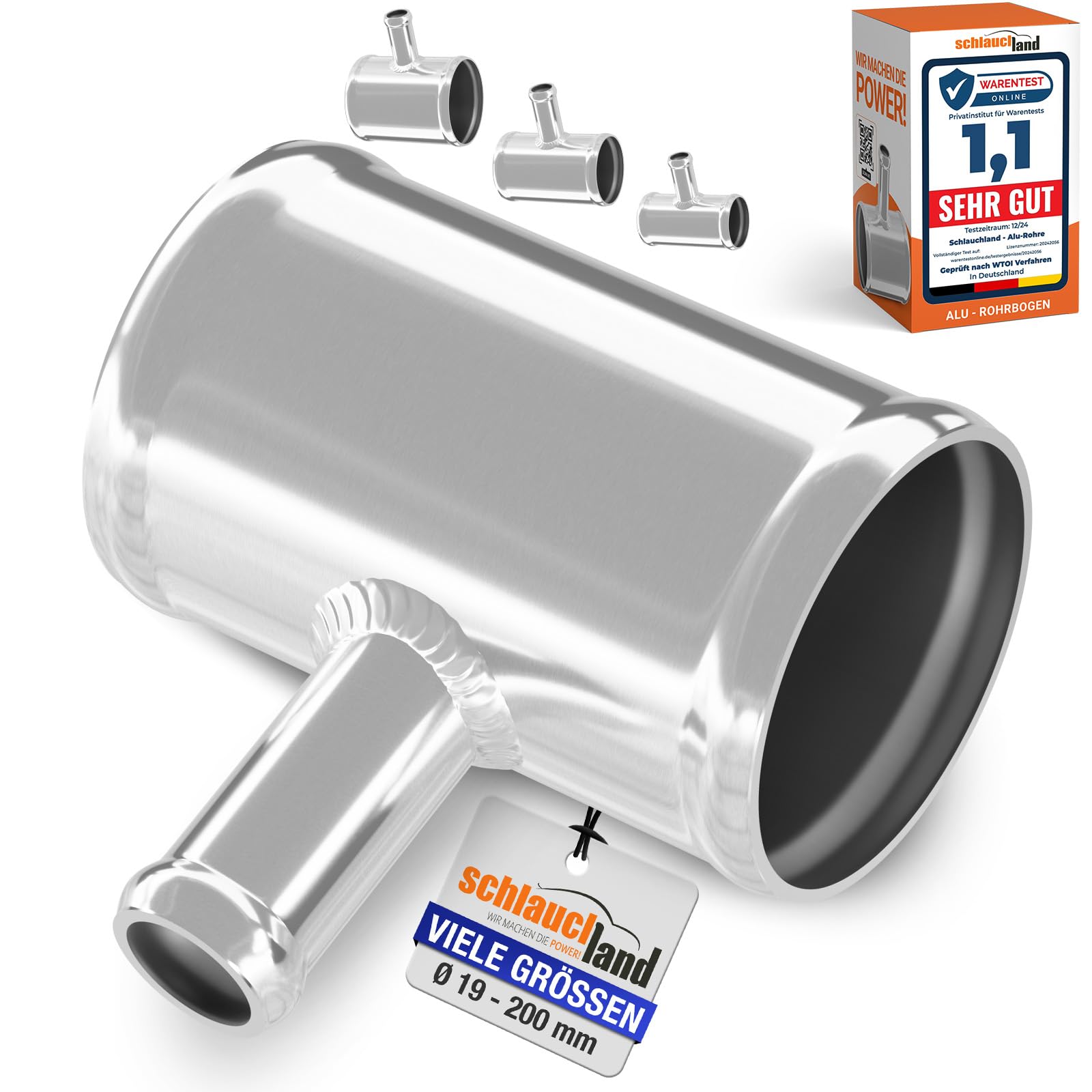 ALU-ROHR T-STÜCK AD-Ø 45mm Abgang 30mm glänzend T Verteiler poliert | AUSWAHL & GRÖSSEN - Ø 200mm | Aluminium Rohr Abzweig Splitter Schlauch-Verbindung Adapter Kupplung DIN 40501 & EN AW-6063 | 300°C
