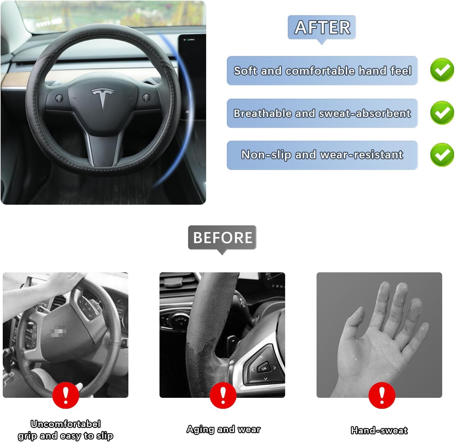 Custom Fit for Tesla Model 3 Steering Wheel Cover,Tesla Steering Wheel Cover Model 3 is Premium Leather Excellent Hand Texture,Non-Slip,Breathable, for Tesla Model 3 Accessories (Deluxe)