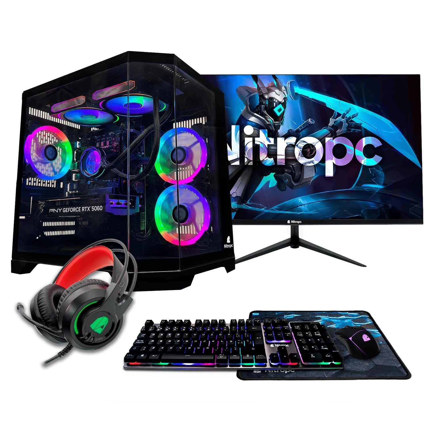 NitroPC - Gold Pack | Full Gaming PC (Intel Core i5 12400F 6/12 4.40 GHz, RTX 3050 8GB, RAM 16GB, M.2 1TB, Windows 11 | WiFi, 24" Monitor, Keyboard, Mouse, Headphones) Desktop PC (Black)