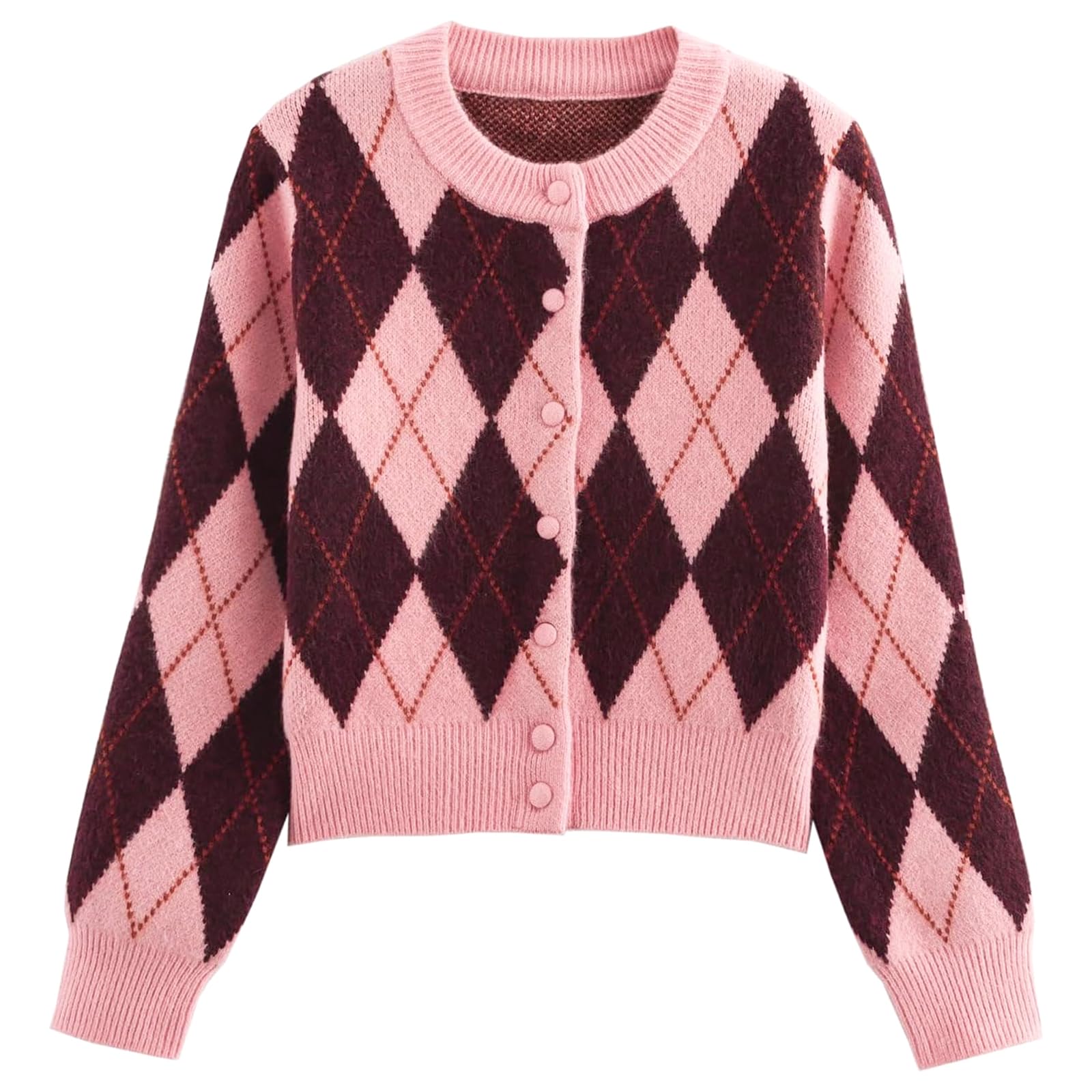 Argyle Preppy Damen-Strickjacke, lässig, langärmelig, mit Knöpfen, Farbblock, für Frühling und Herbst