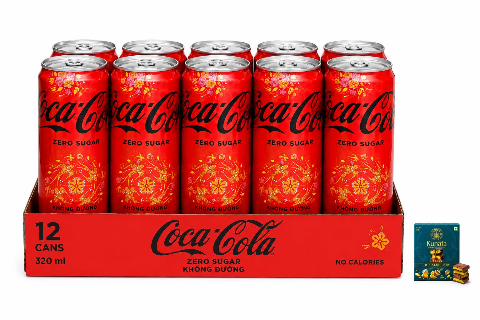 Coca-Colaa's Zero Sugar Soft Drink Cans No Calories (Pack of 12) 320ml Each with Free Flavourito Kunafa Pistachio Chocolate Bar, 20g By Decadent Foods-image-5