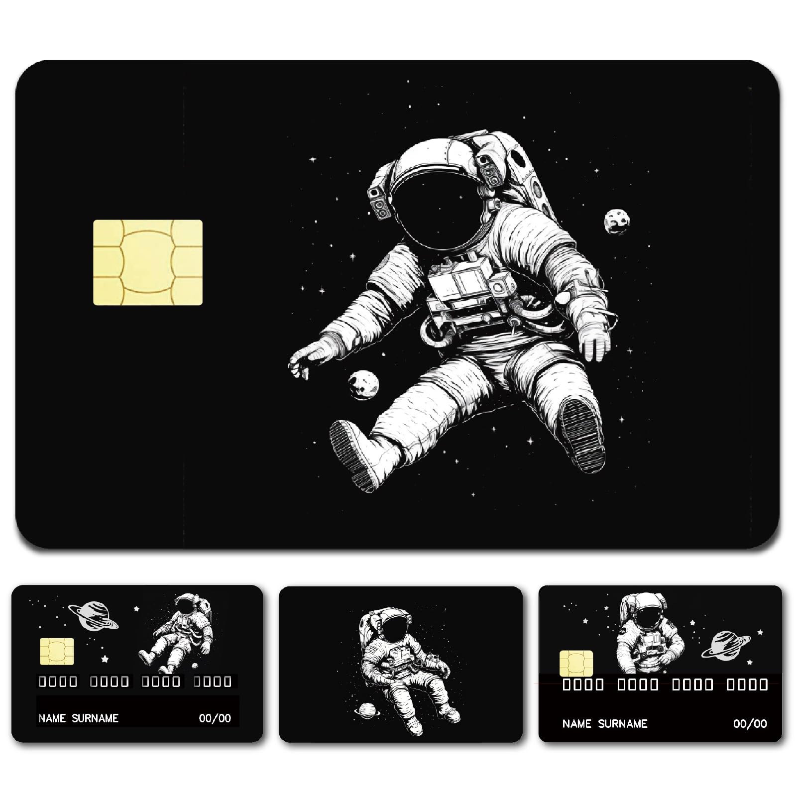 CREATCABIN 4 Styles Black Credit Card Skin Debit Card Skins Sticker Cover No Bubble Slim Personalized Bank Card Protecting Decals PVC Waterproof Removable for Transportation Card 7.3x5.4Inch-Spaceman