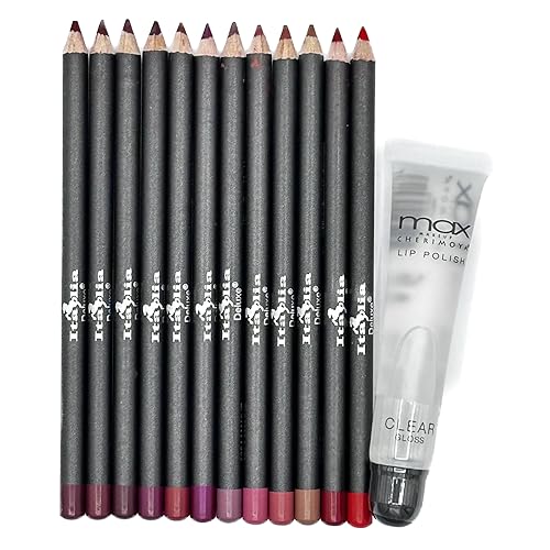 Italia Deluxe Lip Liner Ultra Fine Paquete de 12 y Max Makeup Cherimoya Ultra Fresh Clean Clear Lipgloss Set Variedad (Los colores pueden variar)