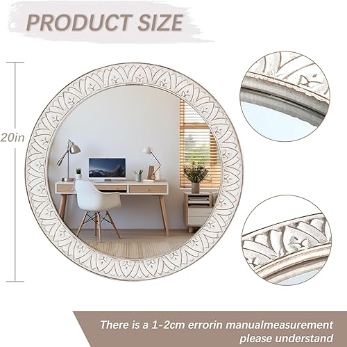Miniatura 9 de Espejo redondo rústico de 20 pulgadas con marco de madera, espejo envejecido montado en la pared para baño, dormitorio, sala de estar, entrada,