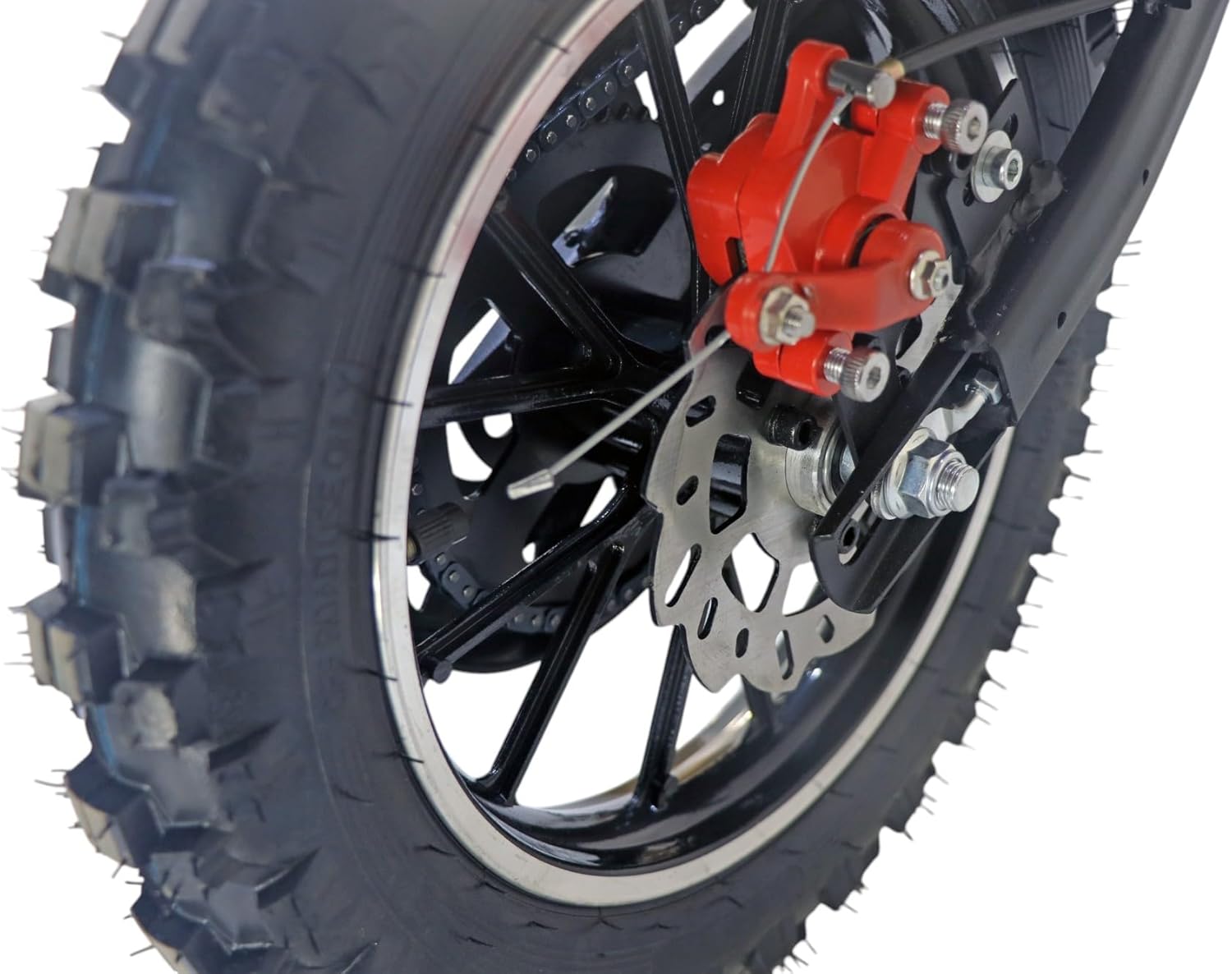 Close-up of the KXD 701 rear wheel with disc brake and knobby tire