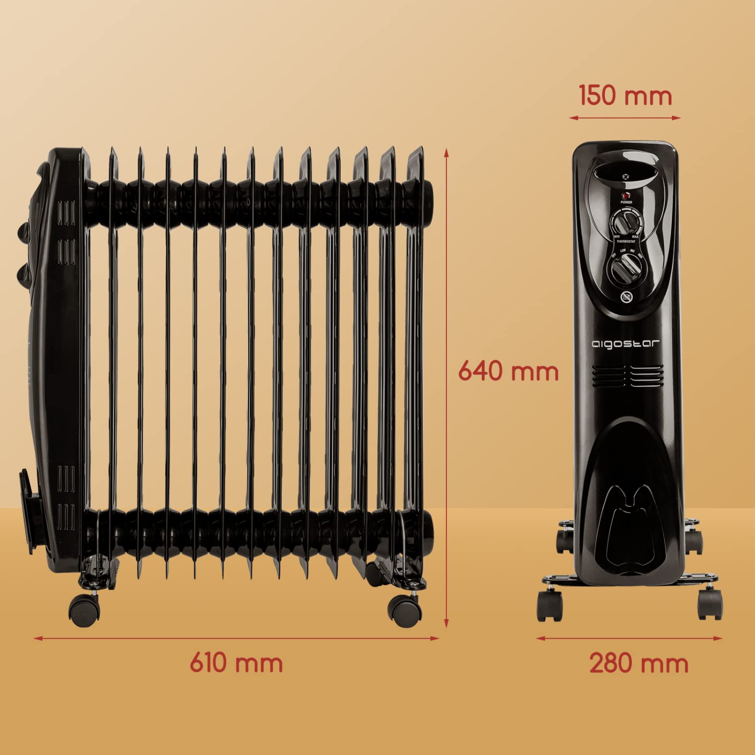 Aigostar Ölradiator 2500 Watt, 13 Rippen Mobile Elektroheizung | 3 Heizstufen, Energiesparend Öl Radiator Elektrisch Tragbare Ölgefüllte Heizgeräte, Thermostat, Kipp & Überhitzungsschutz