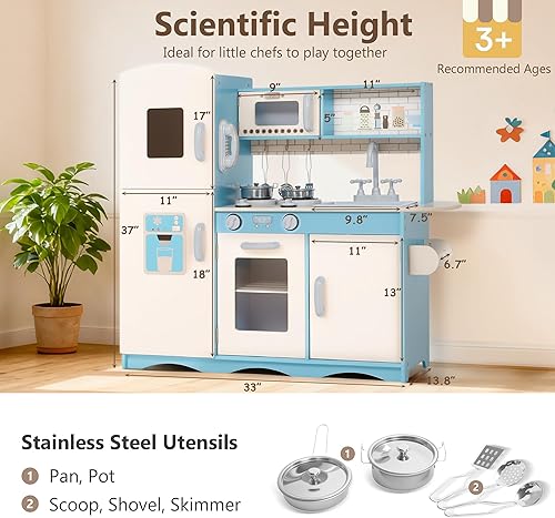 Miniatura 8 de Kinder King Cocina de madera para niños, juego de cocina de juguete para niños pequeños, horno de simulación, microondas, teléfono, pizarra, puertas