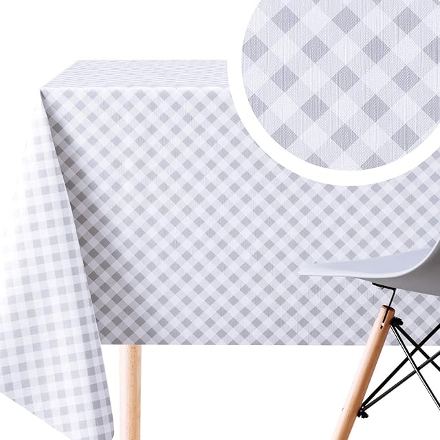 Wipe Clean Tablecloth White Grey Gingham Checker Pattern - Rectangle 200x140cm | 78x55in For Rectangular Tables Up To 6 Seats - Heavy Weight Waterproof Oilcloth PVC Table Cloth | Check Checked Print