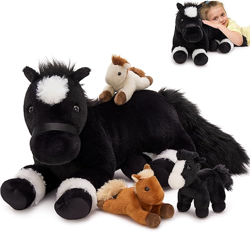 MaoGoLan Juego de 4 piezas de animales de peluche de caballo, caballo mamá de peluche grande con bebés poni de peluche para baby shower, poni de