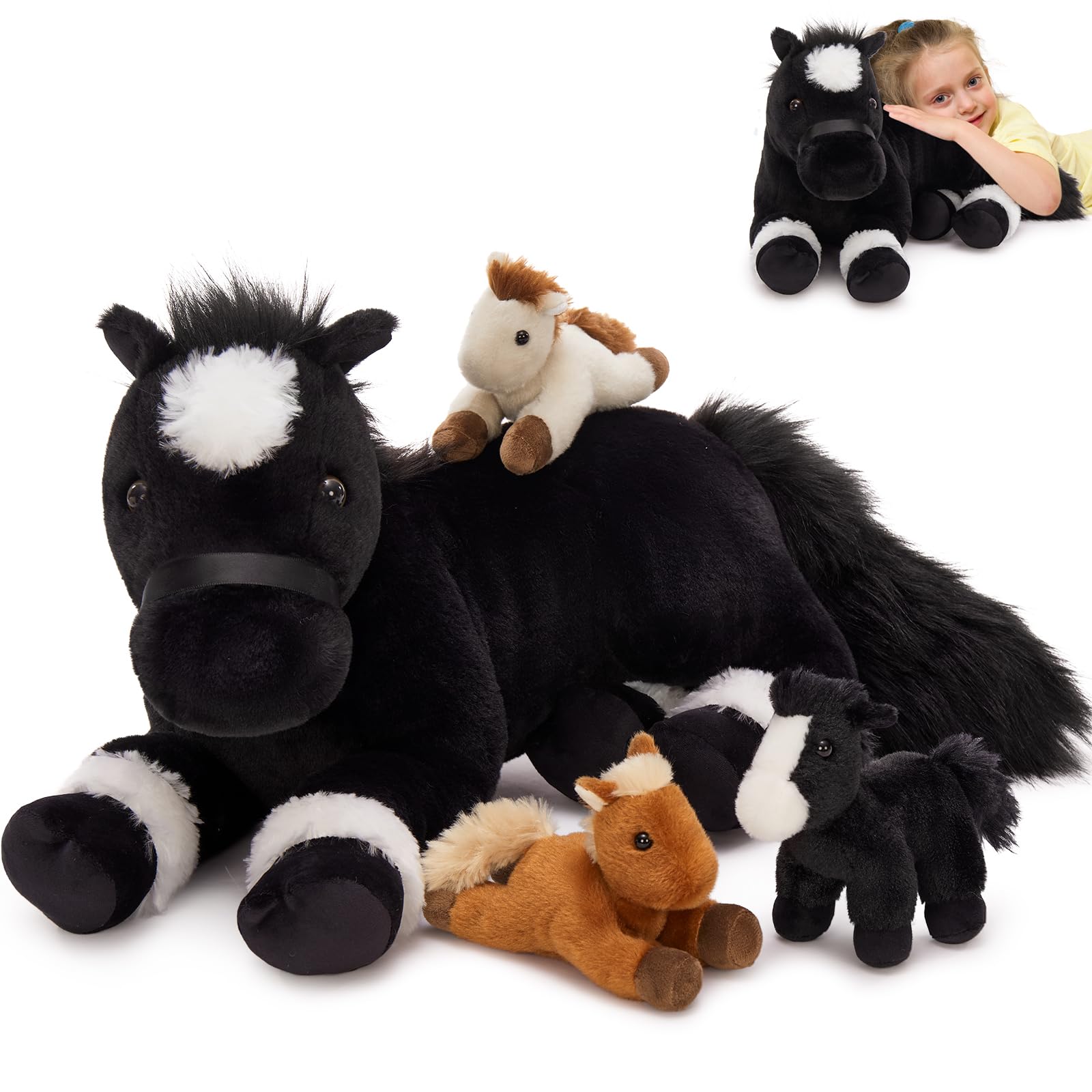 MorisMos Black Horse Teddy with Babies inside, Lifelike Cuddly Horses Pony Stuffed Animal Plush Soft Toys, Kawaii Presents for Kids Girls Boys Birthday Party Decoration (45cm) — view 8