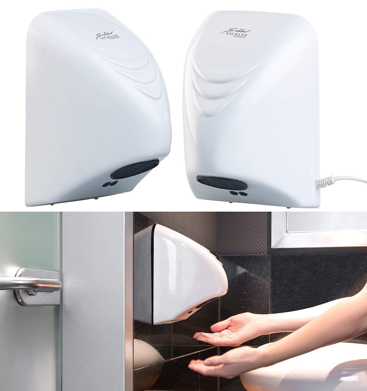 Sichler Haushaltsgeräte Händetrockner Gastro: 2er-Set automatische elektrischer Händetrockner zur Wandmontage (vollautomatische, Wandhandtrockner, WC)