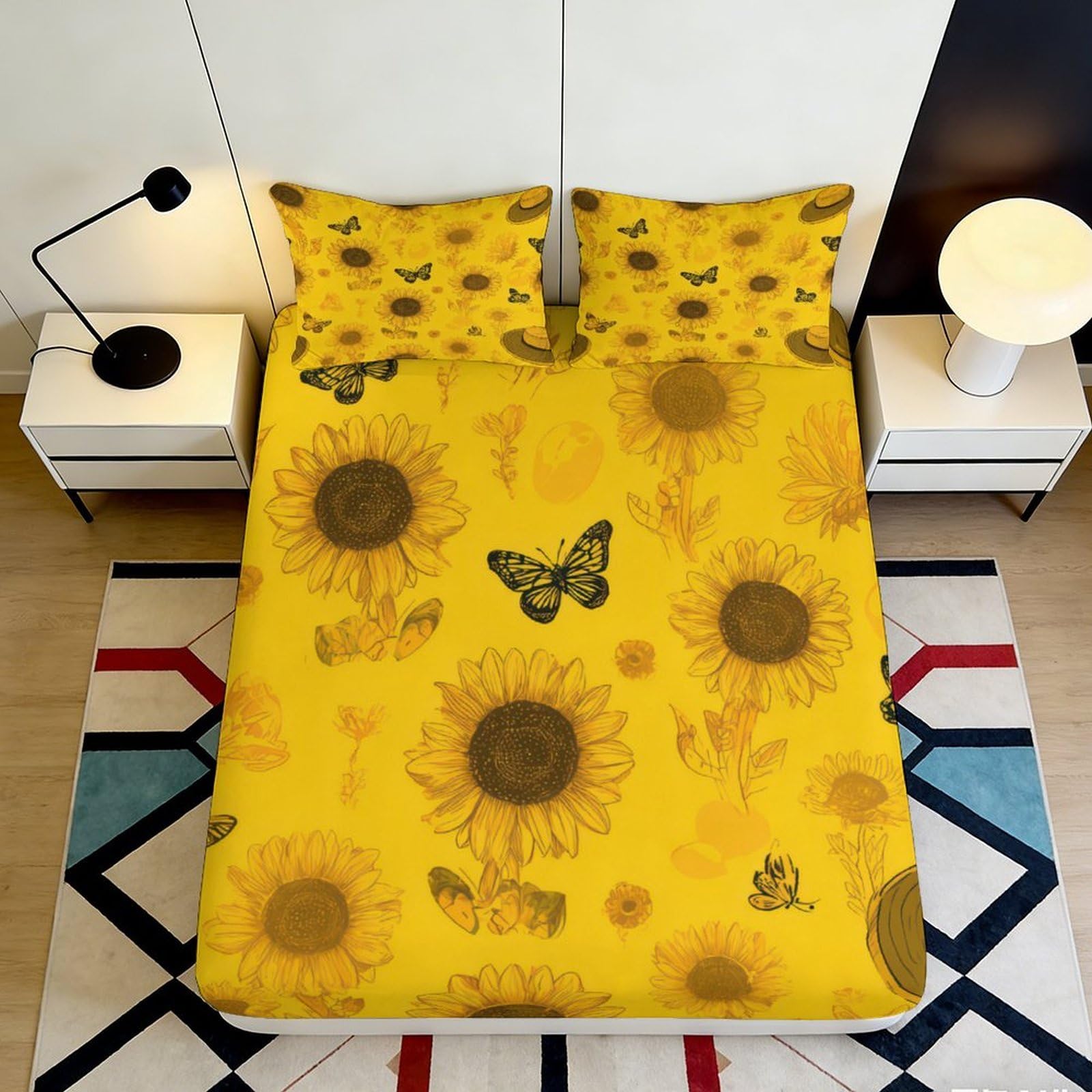 3D Printed Sunflower Fitted Sheet Microfiber Soft Breathable Butterfly Bed Cover for Bedroom Dormitory Guest Room Mattress Protection Decor 120x200x25cm