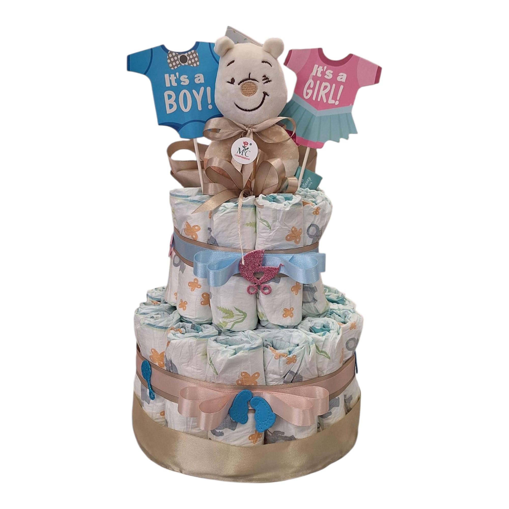 MC® Torta di Pannolini MC Composizioni Design Unisex a tema 'Boy/Girl', Regalo per Baby Shower Nascita