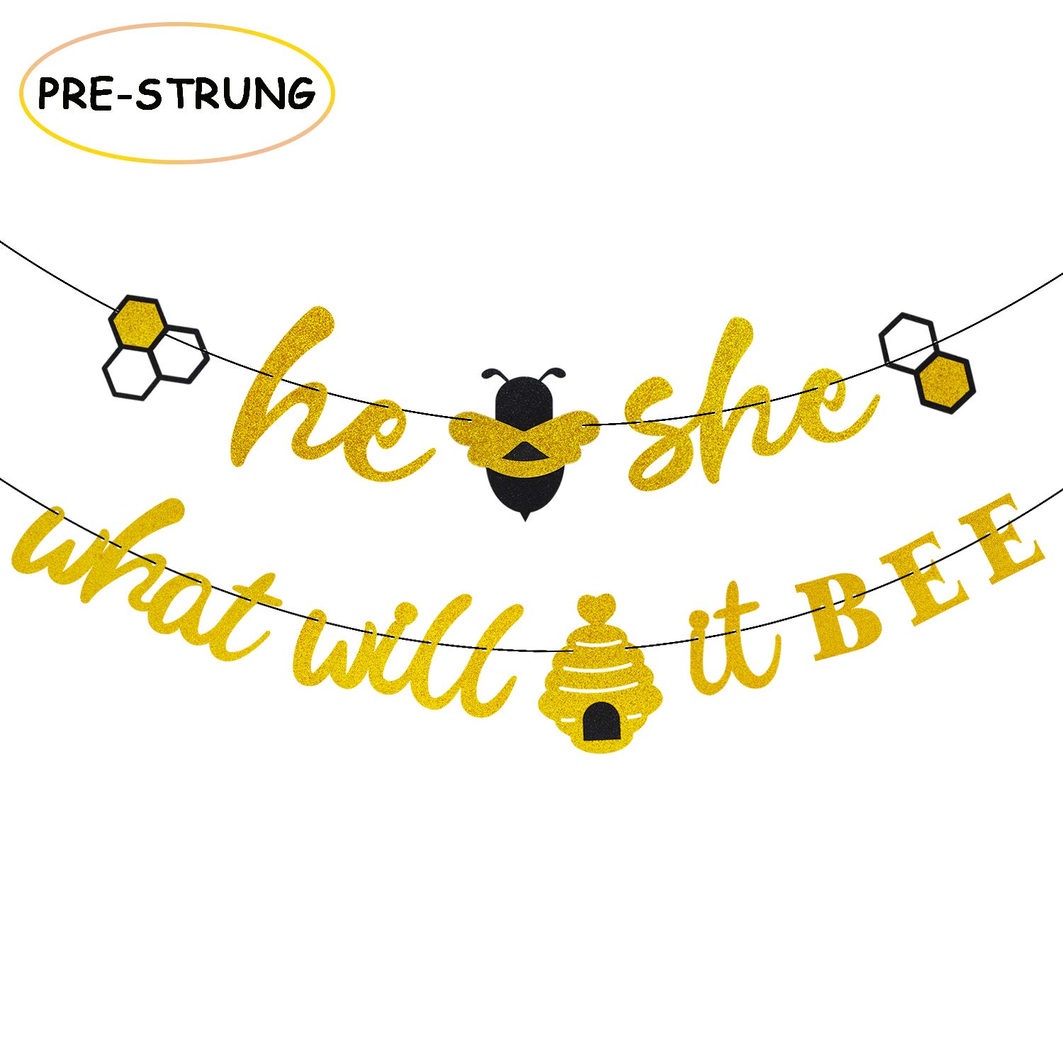 Joymee He or She What Will It Bee Banner Gender Reveal Garland with Bee and Beehive Baby Shower Glitter Party Favor Supplies Decorations