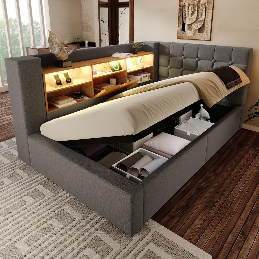 Cama tapizada de 140 x 200 cm con iluminación LED, canapé, estructura de cama, tela de lino, gris (colchón no incluido).