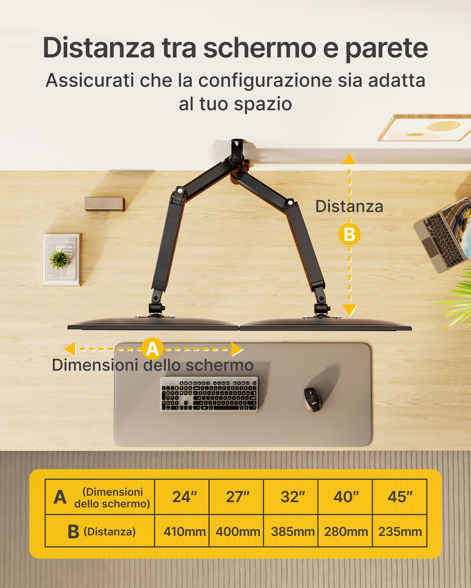 monTEK Supporto da parete per doppio monitor da 17 a 35", carico massimo 16 kg, compatibile con schermo piatto e curvo, braccio per monitor inclinabile, girevole e ruotabile, supporto da parete per TV
