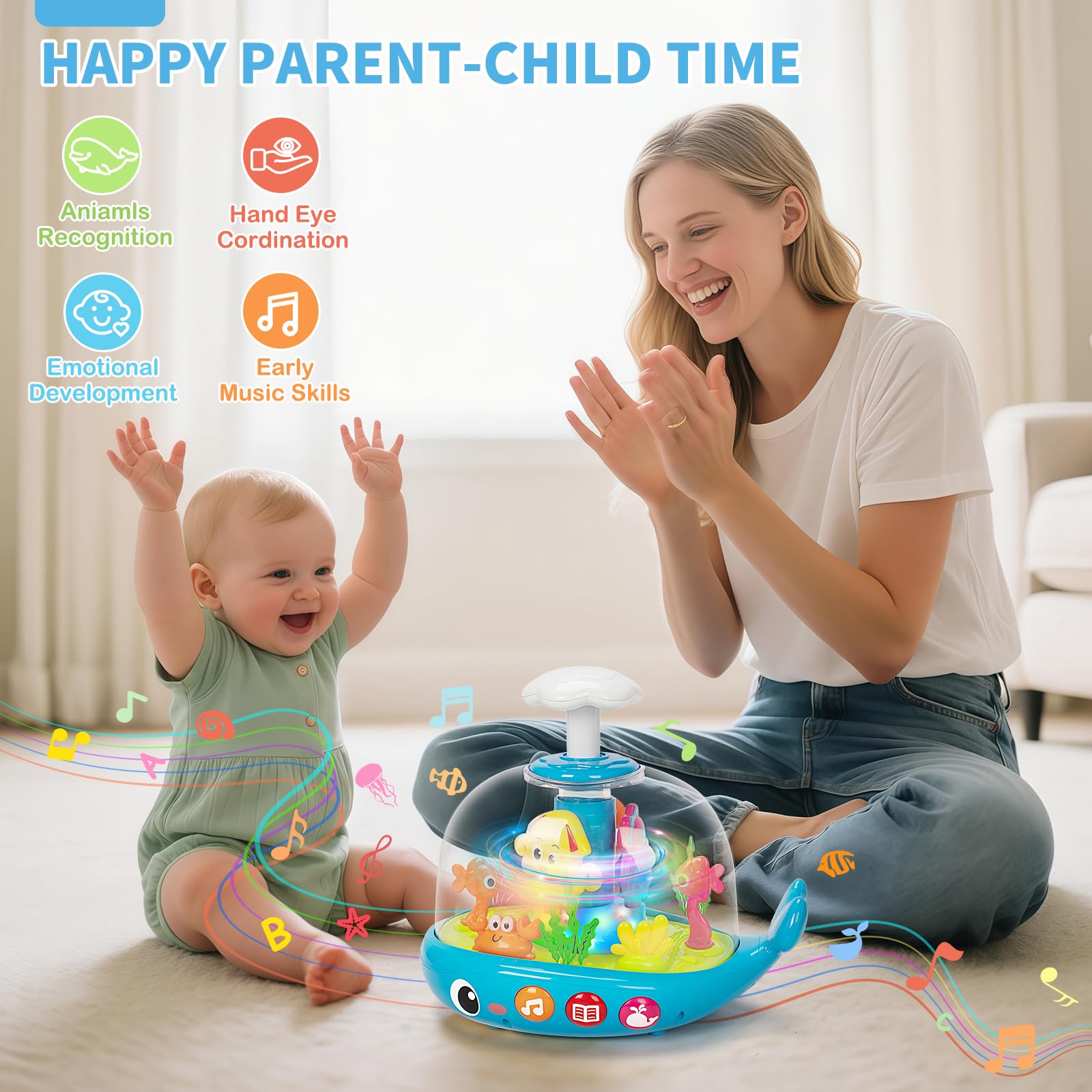 Baby Toys 6-12 Months, Musical Aquarium Infant Toys for 7 8 9 10 11 Months, Early Learning Educational Toy with Sound, Press Glow Spin for Cause and Effect, Christmas Birthday Gifts for Boy Girl