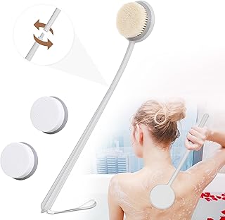 Rückenbürste mit Langem Stiel, Rücken Eincremehilfe, Spleißbar Badebürsten Naturborsten, Mit 2 Austauschbare Pads, Ultralanger Griff