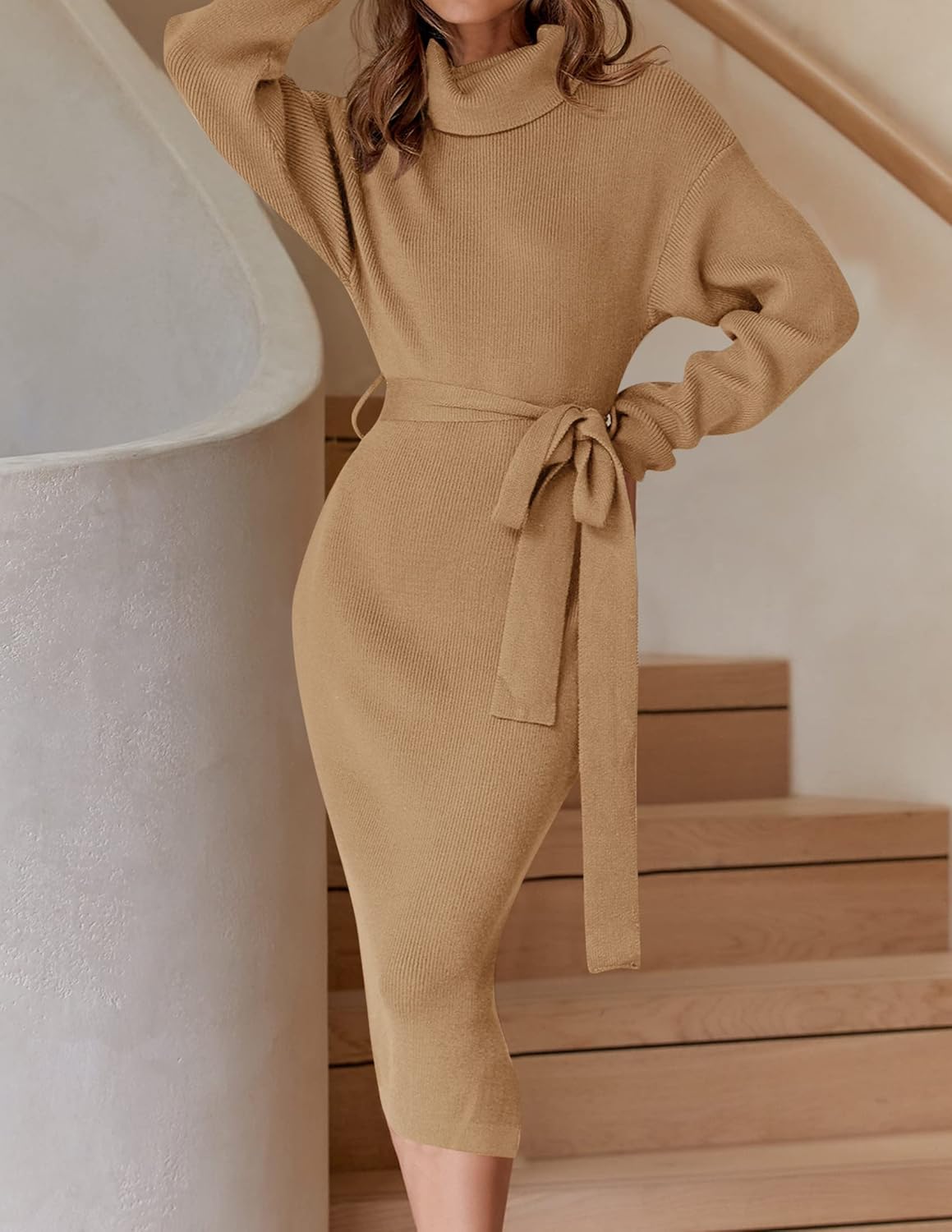 ZESICA Women's Turtleneck Sweater Midi Dress Long Sleeve Ribbed Knit Bodycon Slit Dress with Belt - Image 3