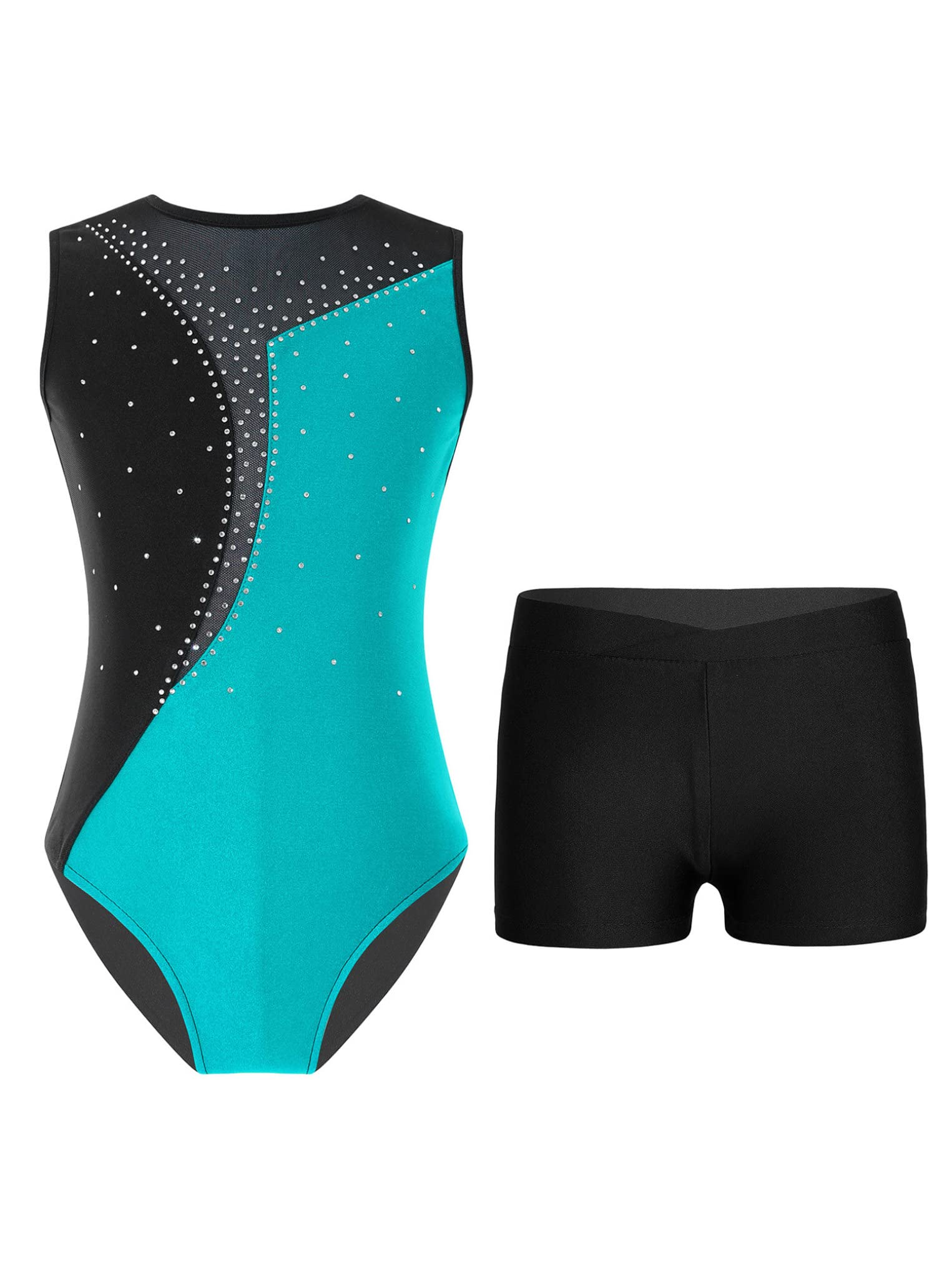 Justaucorps Patinage Artistique Fille Métallique Sans Manches + Short - Tenue Danse Gymnastique Ballet 5-14 Ans