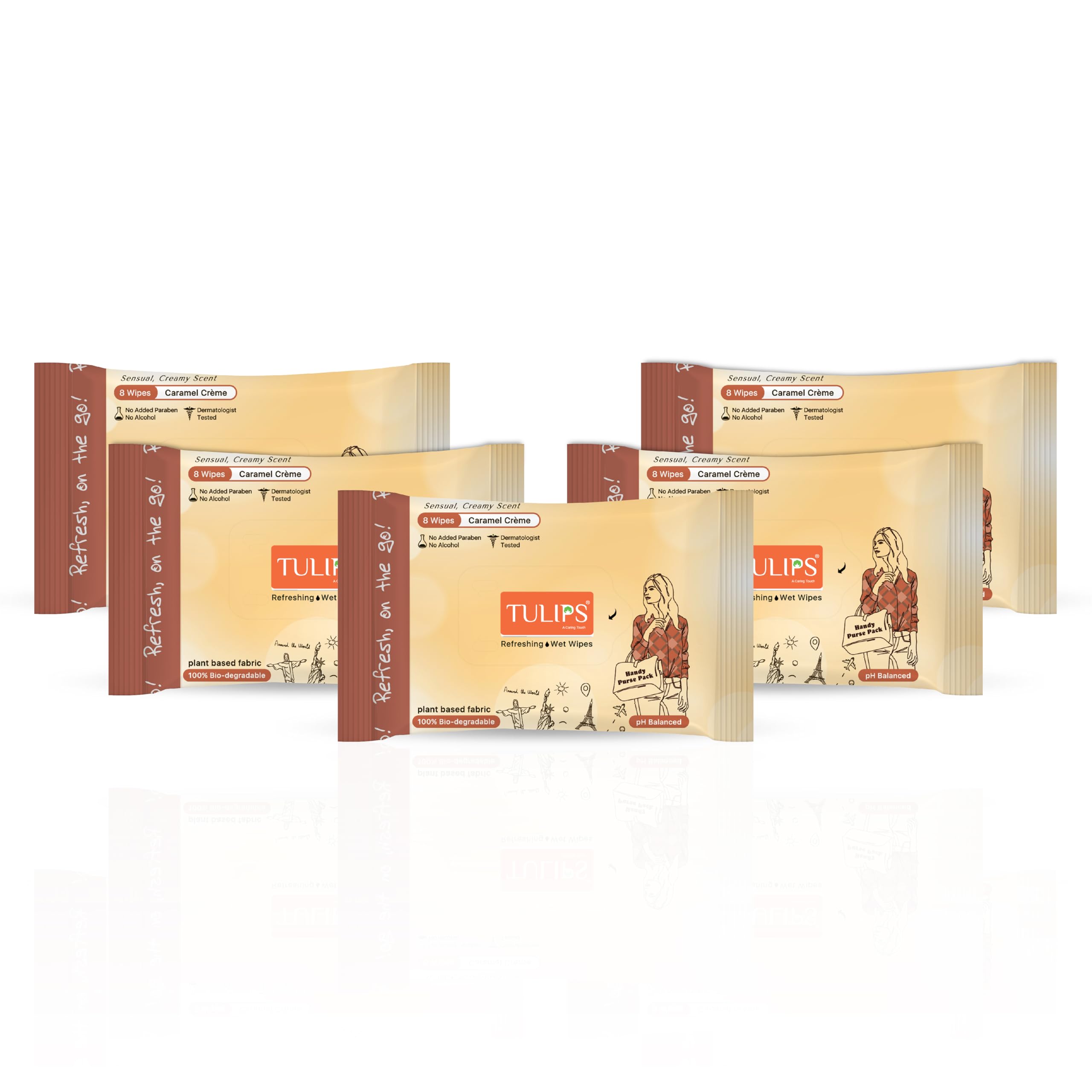 Tulips,Biodegradable Refreshing Pocket Wipes: Compact Care for On-the-Go Moments"delightful scent,gentle and safe for all skin types(Caramel Creme, Pack of 5) 8 wipes in a pack-image-12
